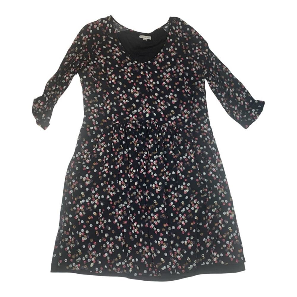 Garnet Hill women's size 14 polka dot Black White Dress Cuffed 3/4 Sleeves